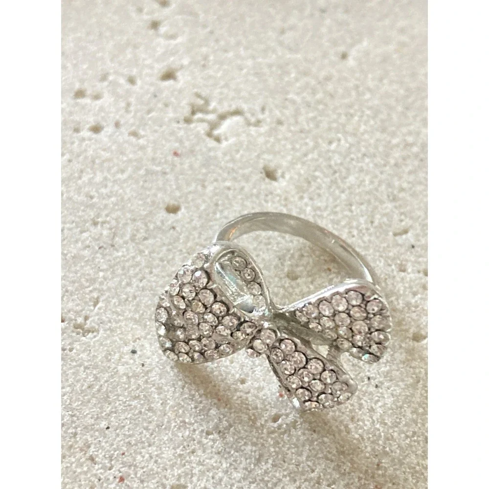 Silver Tone Bow‎ Ring Clear Rhinestone Pave Fashion Ring Feminine Statement